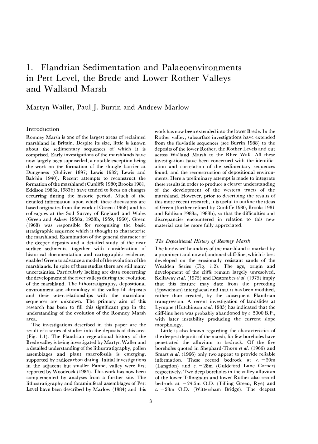 1. Flandrian Sedimentation and Palaeoenvironments in Pett Level, the Brede and Lower Rother Valleys and Walland Marsh