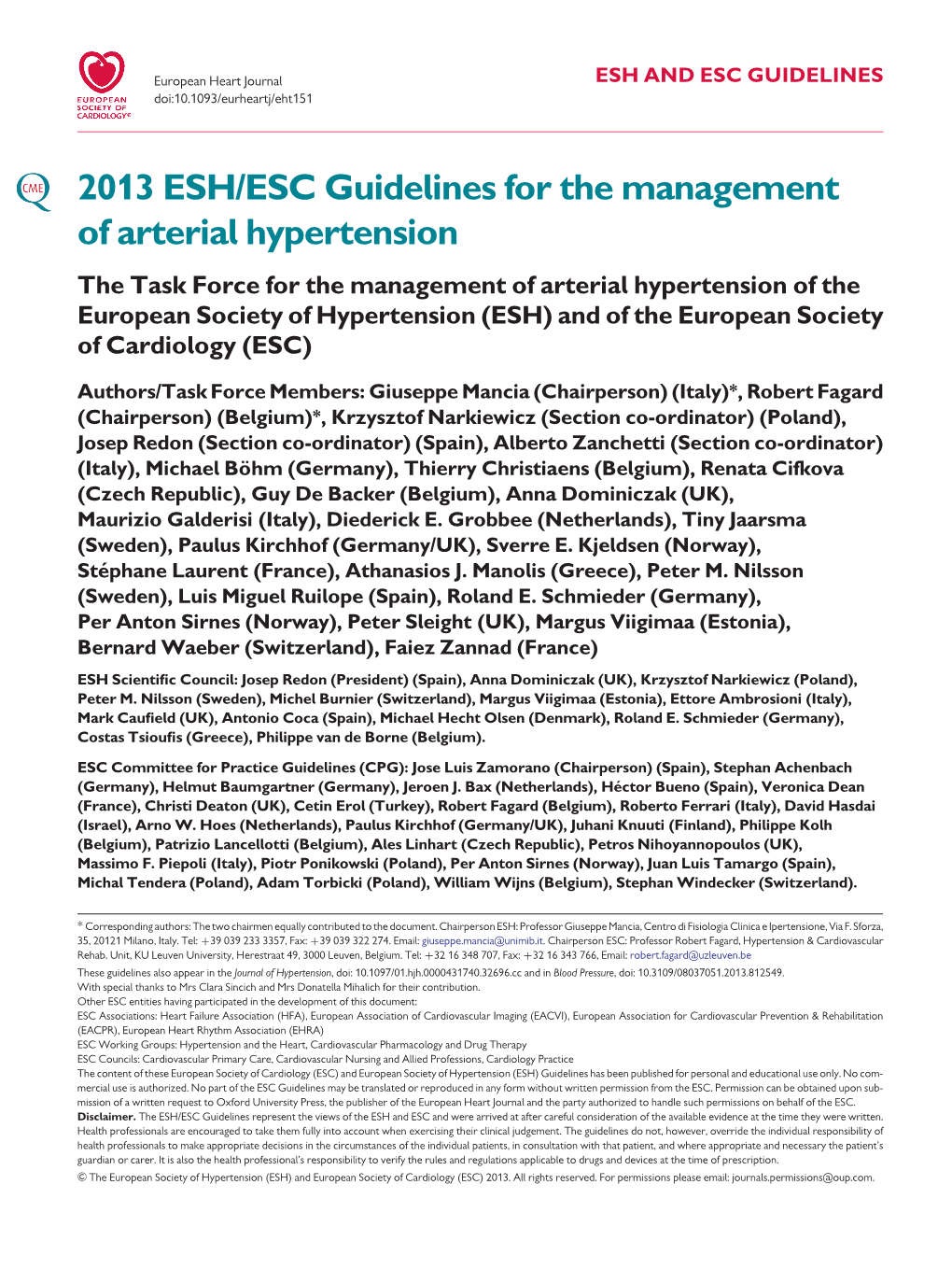 ESH/ESC Guidelines for Themanagement of Arterial