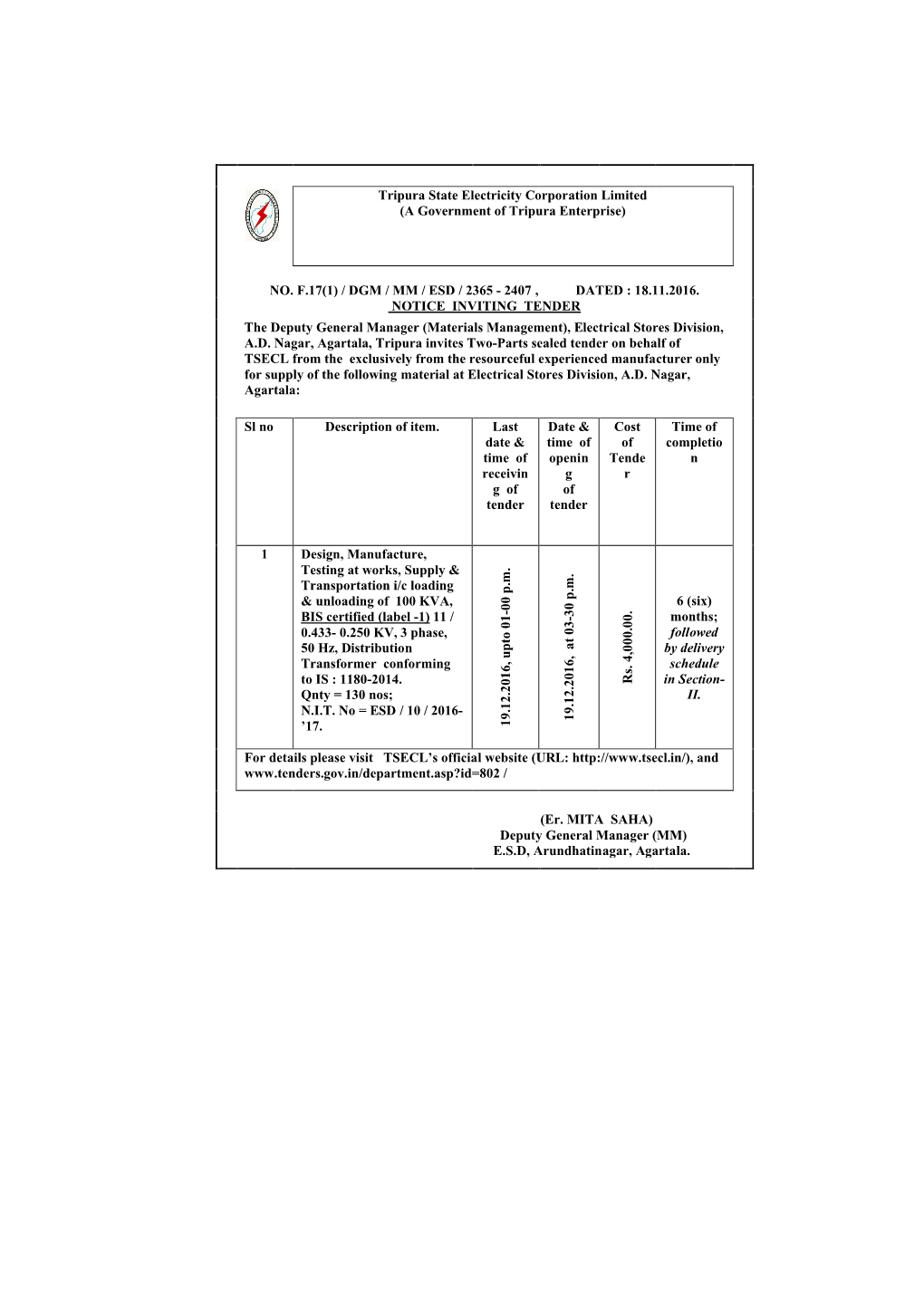(A Government of Tripura Enterprise) NO. F.17(1) / DGM / MM