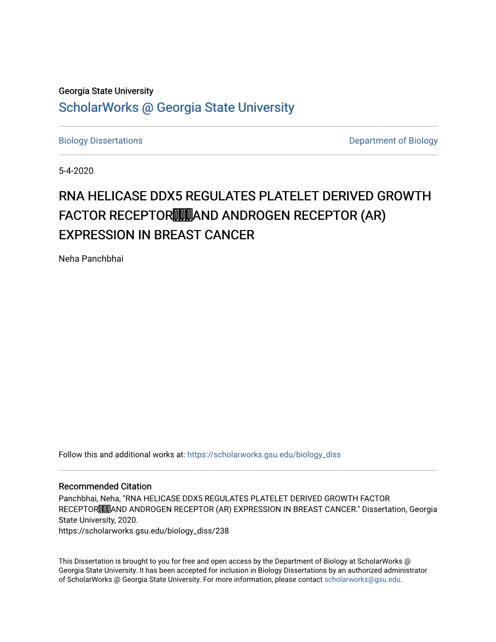 Rna Helicase Ddx5 Regulates Platelet Derived Growth Factor Receptorand Androgen Receptor (Ar) Expression in Breast Cancer