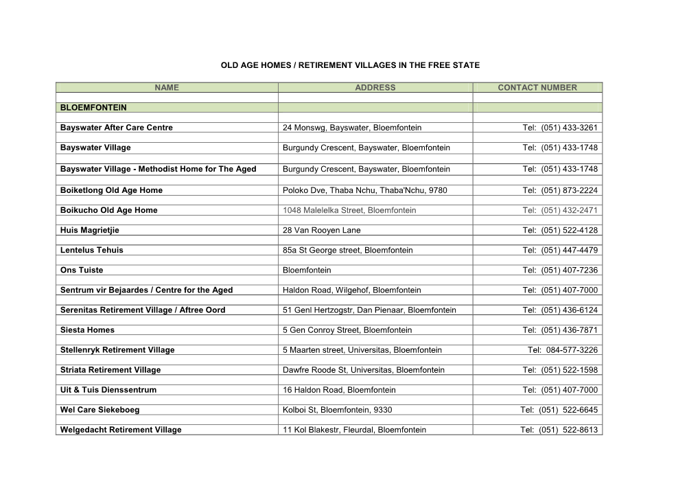 Old Age Homes / Retirement Villages in the Free State