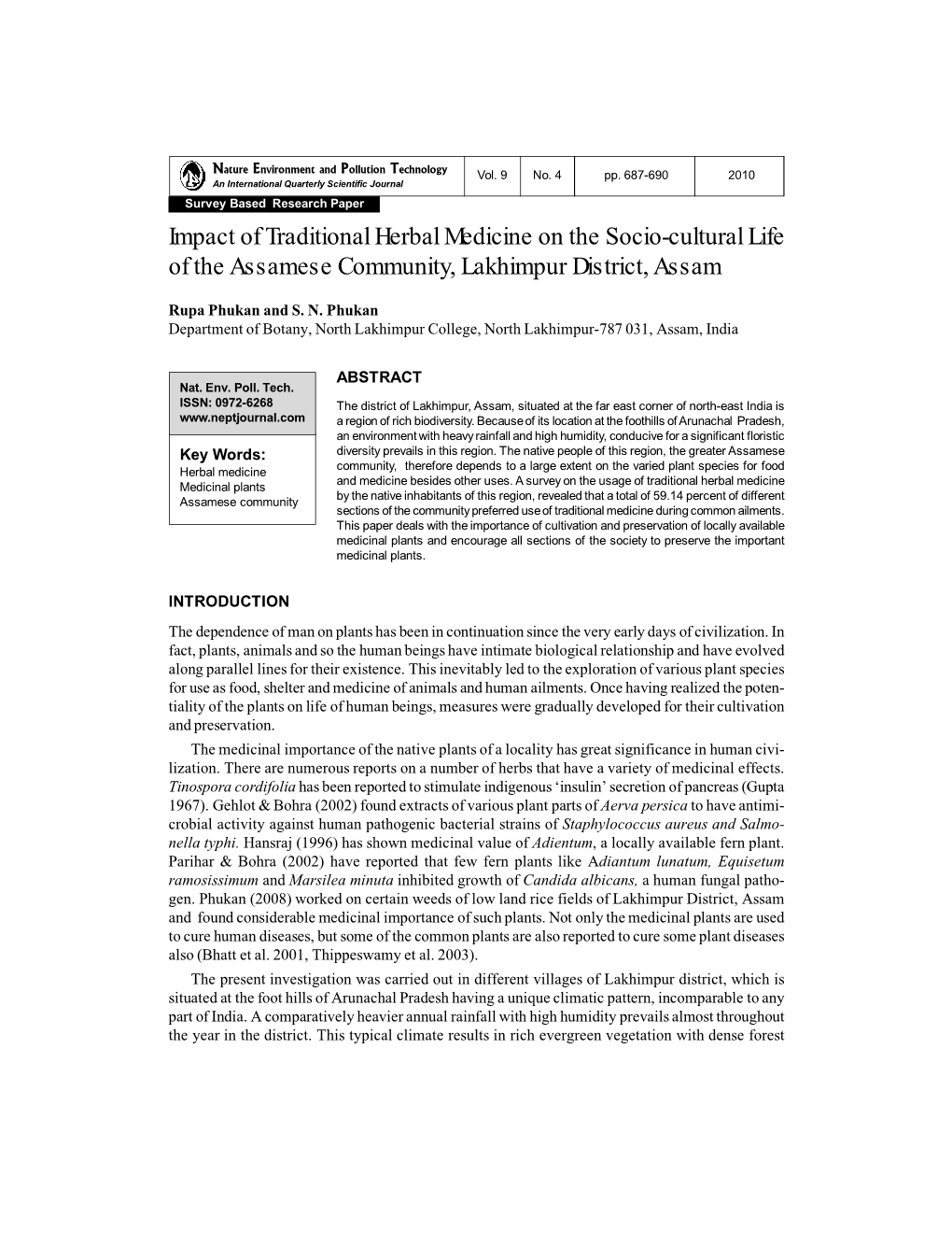 Impact of Traditional Herbal Medicine on the Socio-Cultural Life of the Assamese Community, Lakhimpur District, Assam