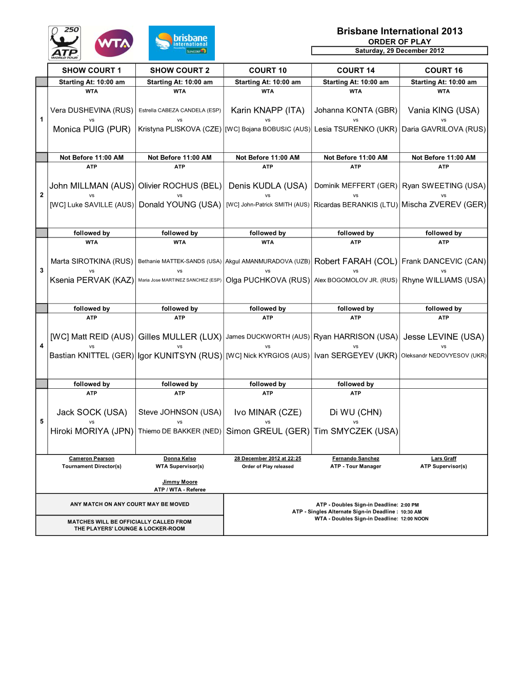 Brisbane International 2013 ORDER of PLAY Saturday, 29 December 2012