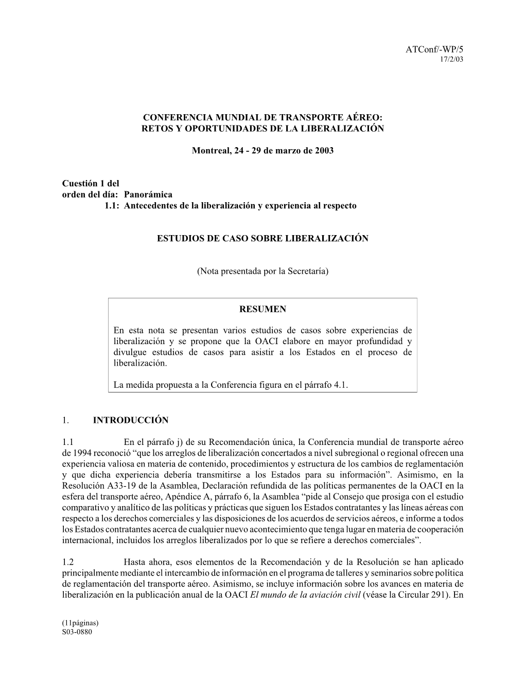 Atconf/-WP/5 CONFERENCIA MUNDIAL DE TRANSPORTE AÉREO