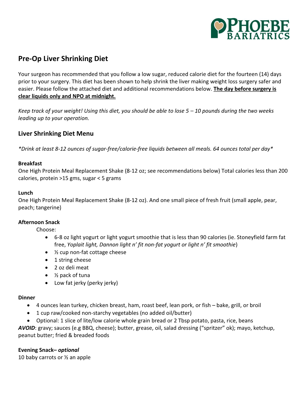 Pre-Op Liver Shrinking Diet