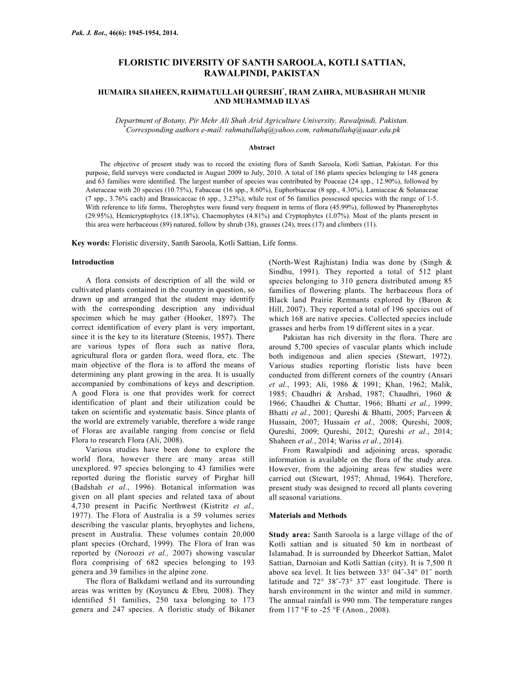 Floristic Diversity of Santh Saroola, Kotli Sattian, Rawalpindi, Pakistan