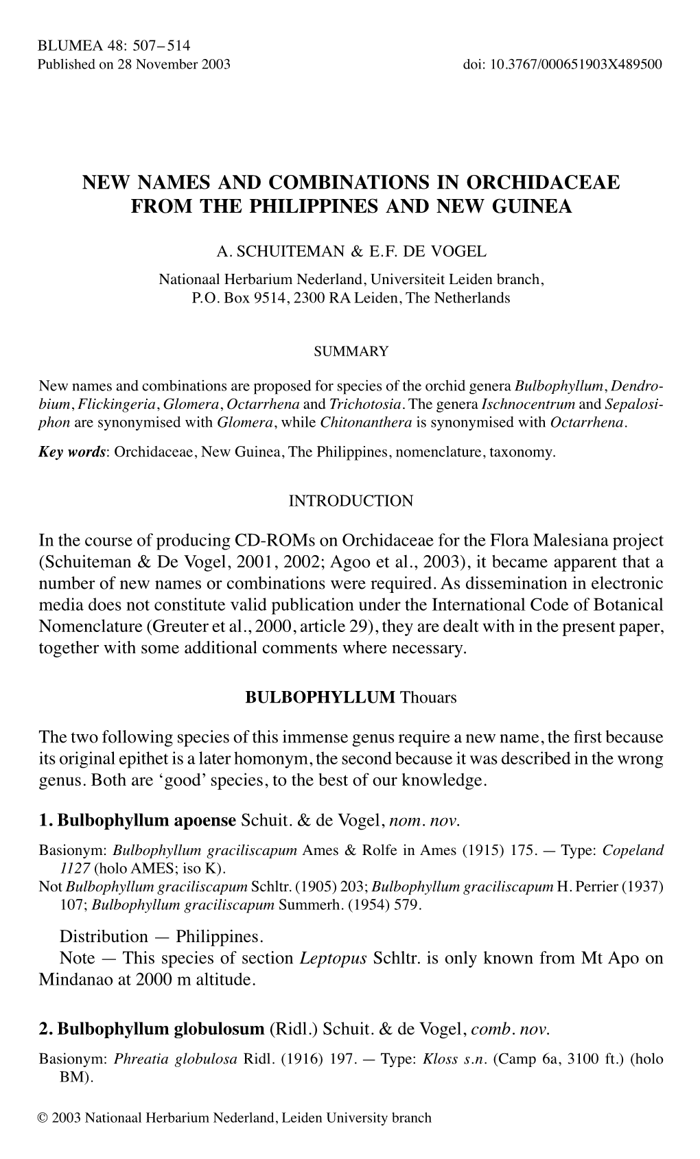 New Names and Combinations in Orchidaceae from the Philippines and New Guinea