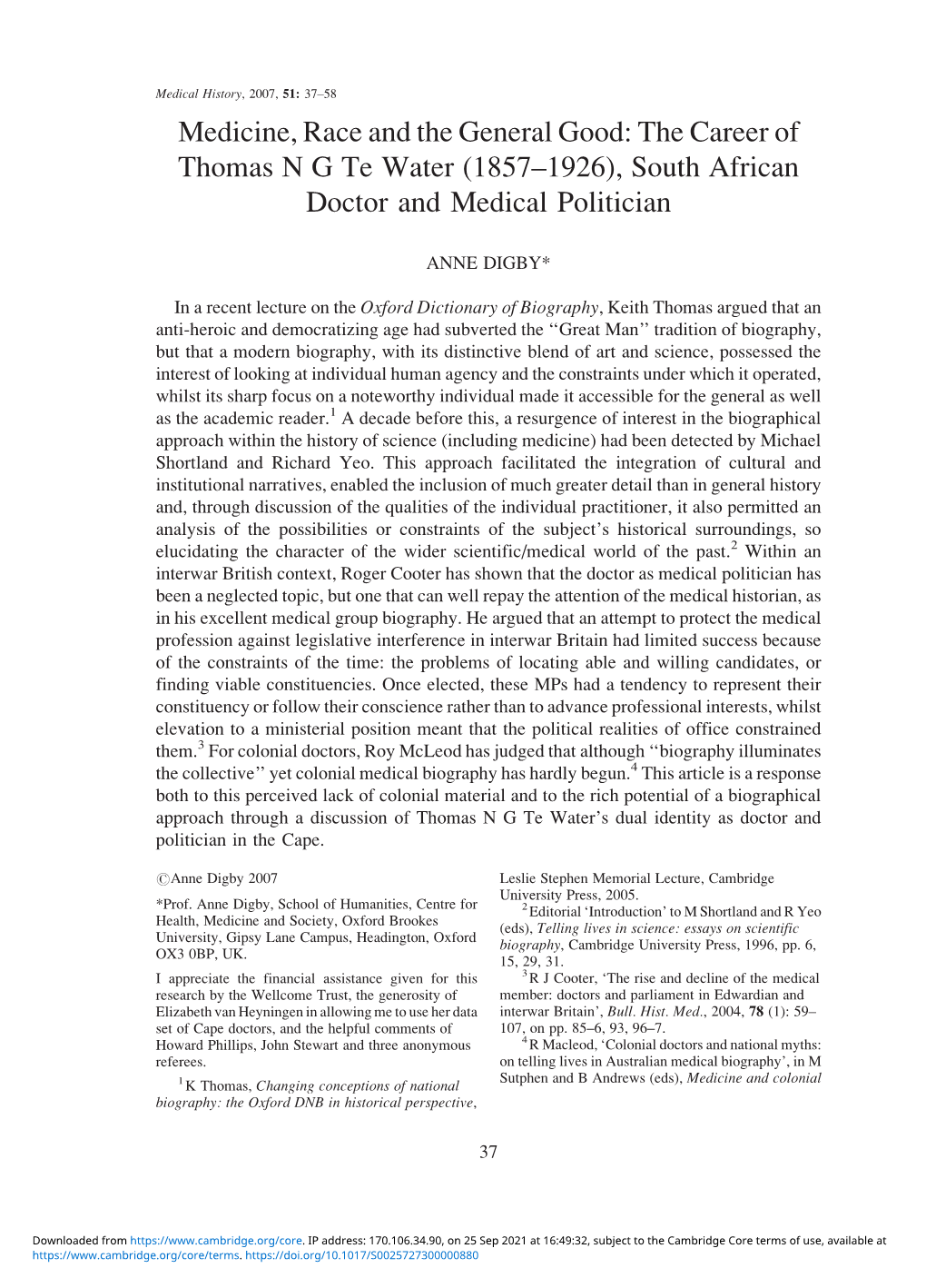 Medicine, Race and the General Good: the Career of Thomas N G Te Water (1857–1926), South African Doctor and Medical Politician