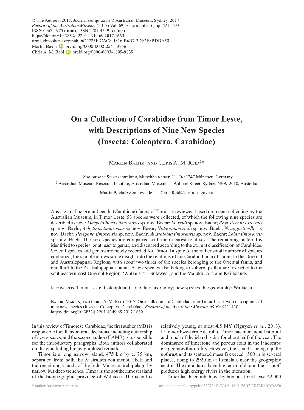 On a Collection of Carabidae from Timor Leste, with Descriptions of Nine New Species (Insecta: Coleoptera, Carabidae)