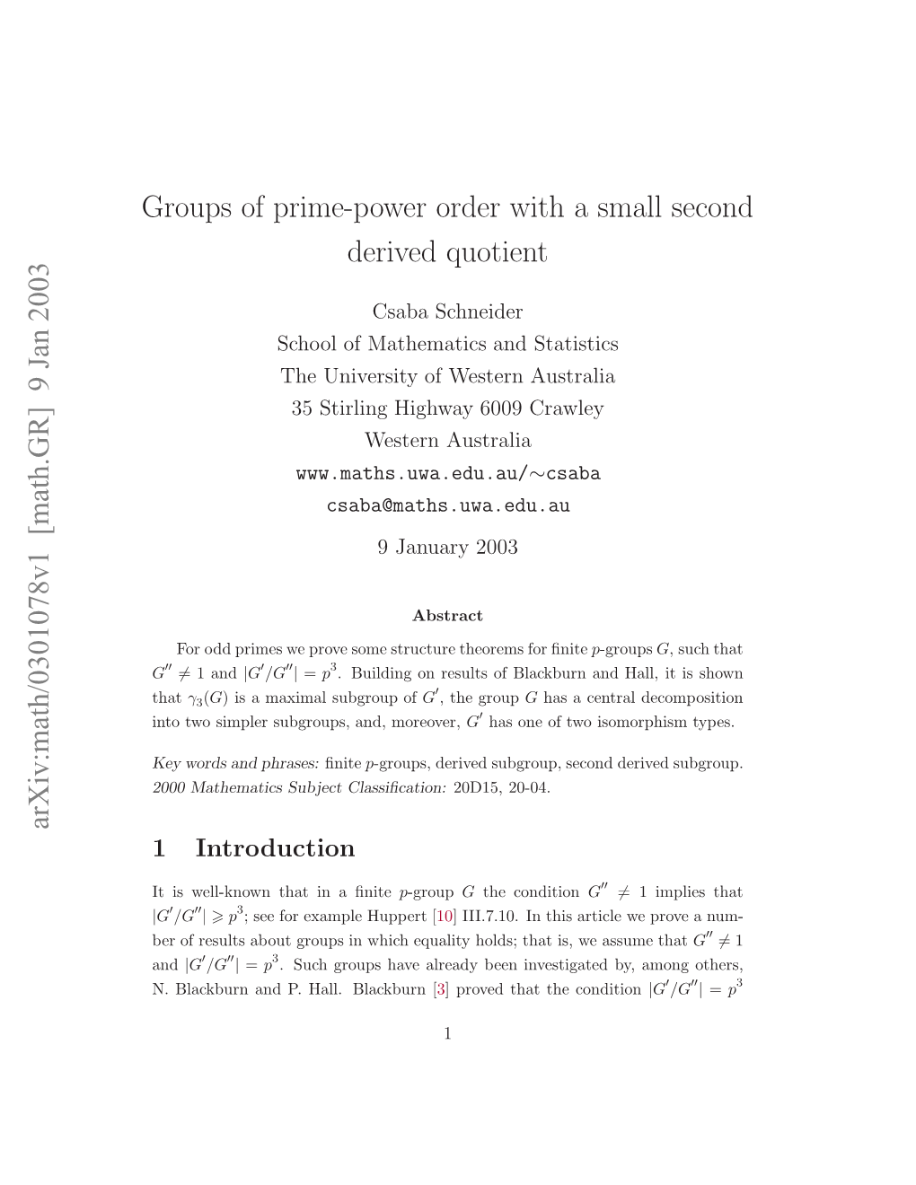 Groups of Prime-Power Order with a Small Second Derived Quotient