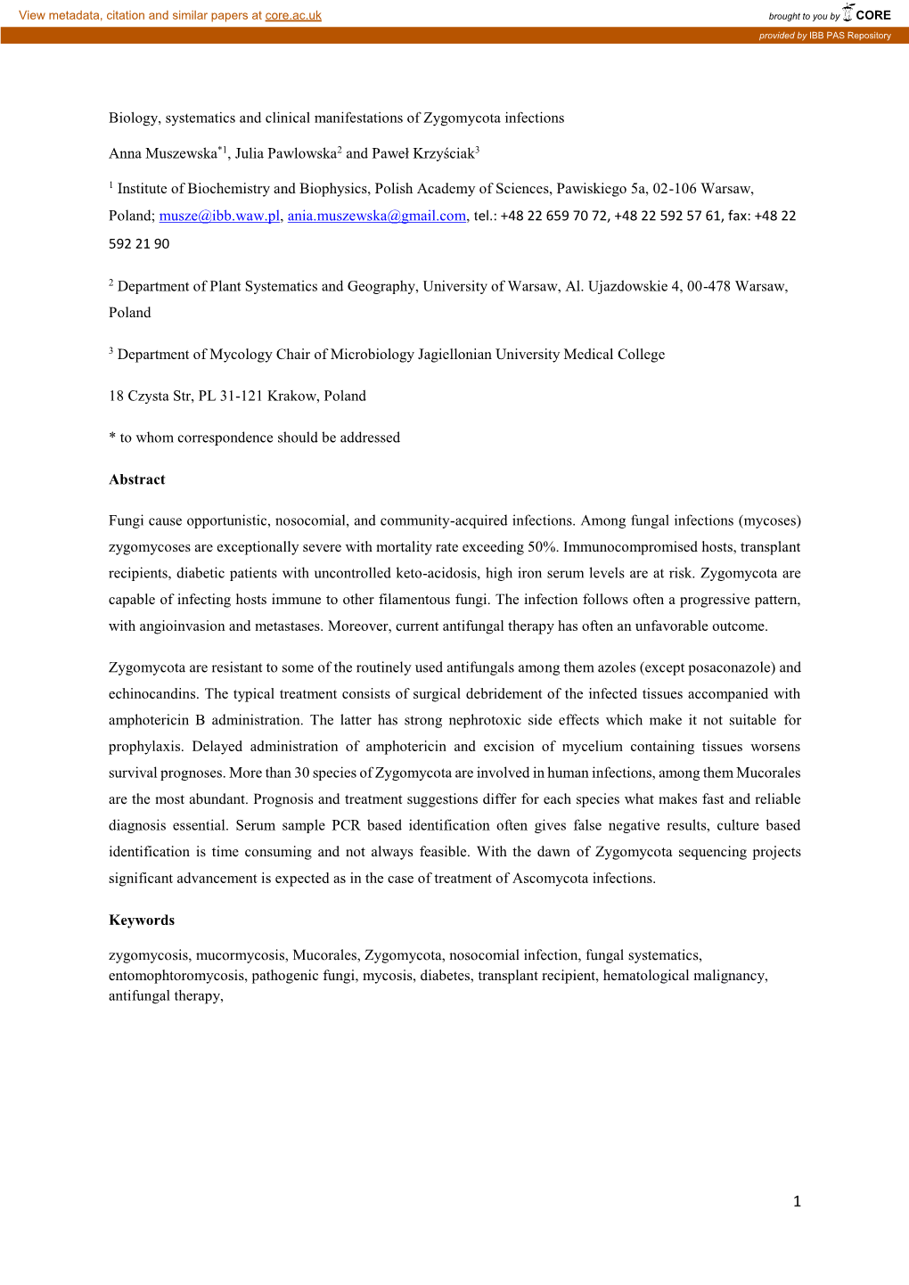 Biology, Systematics and Clinical Manifestations of Zygomycota Infections