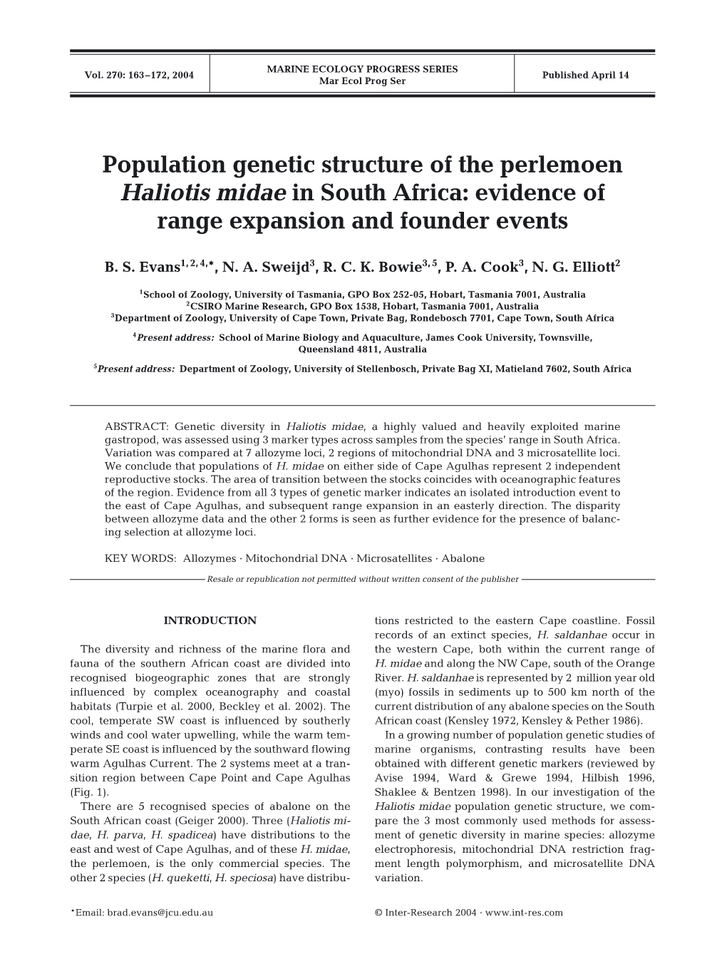 Population Genetic Structure of the Perlemoen Haliotis Midae in South Africa: Evidence of Range Expansion and Founder Events