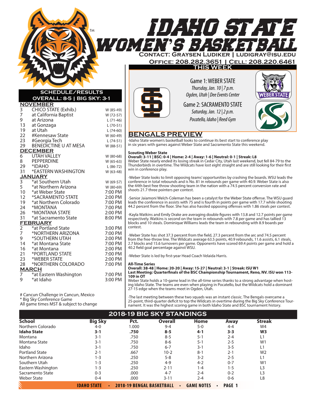 IDAHO STATE WOMEN S BASKETBALL Contact:’ Graysen Ludiker | Ludigray@Isu.Edu Office: 208.282.3651 | Cell: 208.220.6461 THIS WEEK