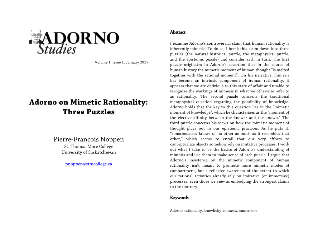 Adorno on Mimetic Rationality: Metaphysical Question Regarding the Possibility of Knowledge