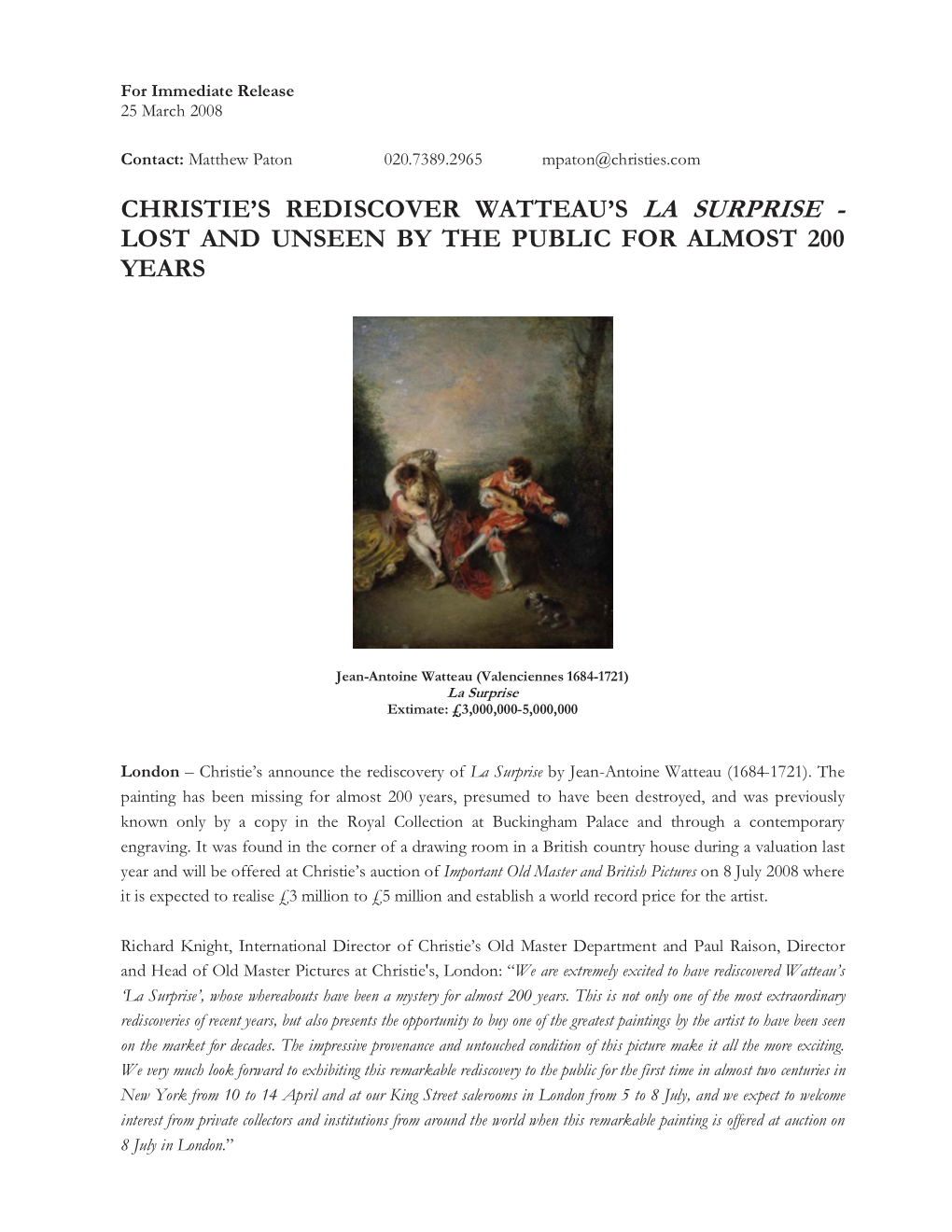 Christie's Rediscover Watteau's La Surprise
