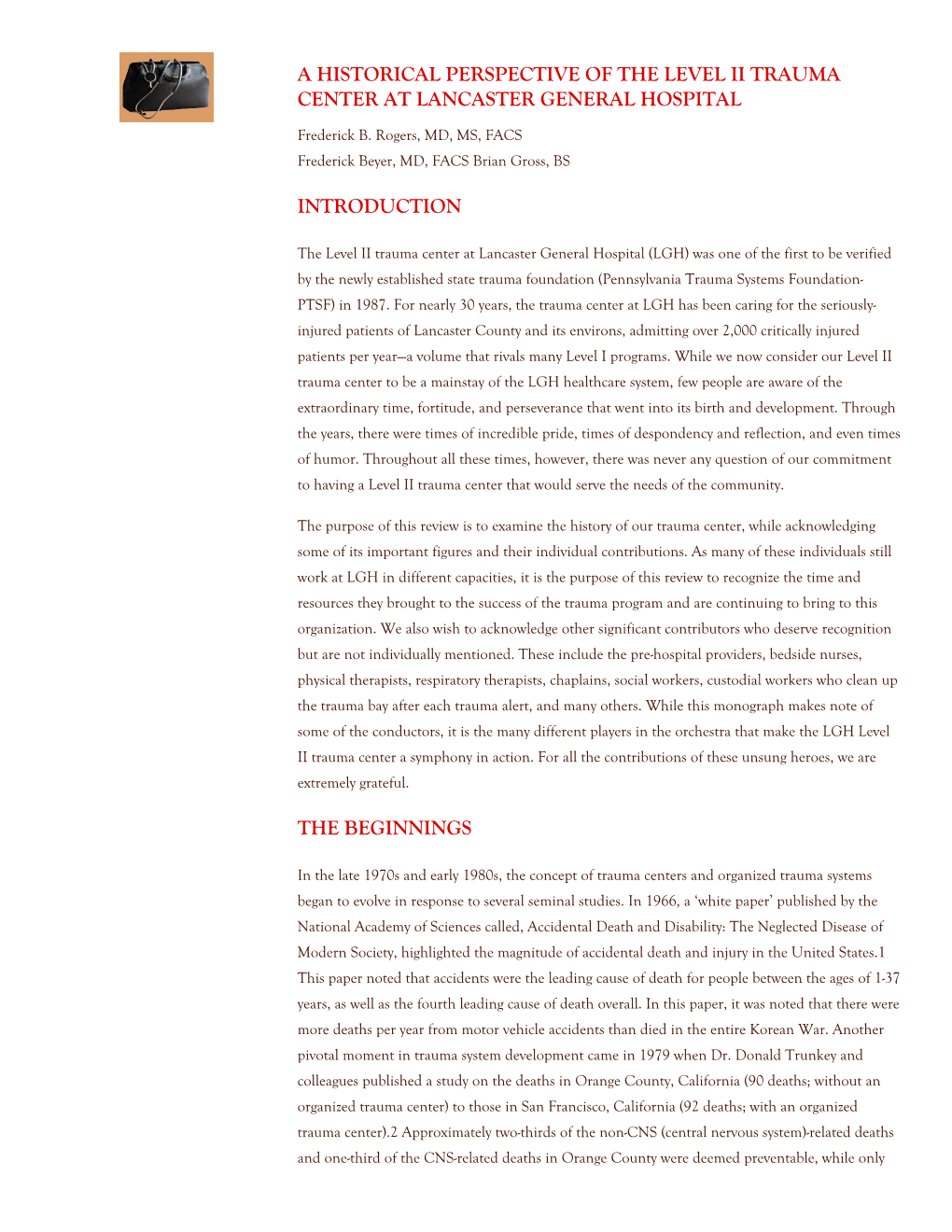 A Historical Perspective of the Level II Trauma Center at Lancaster