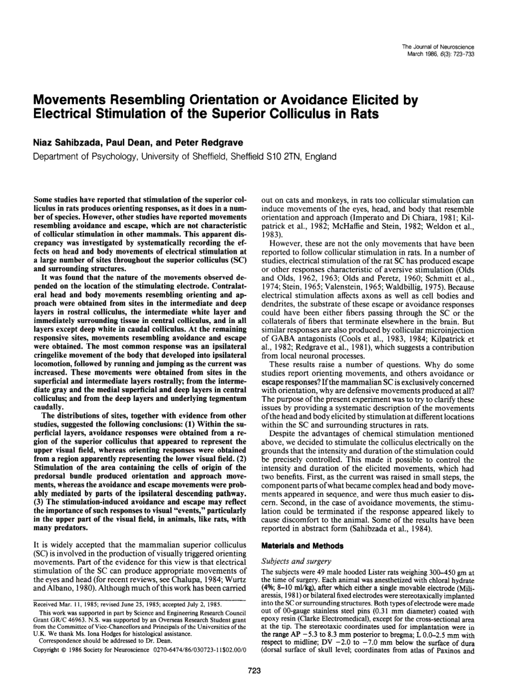 Movements Resembling Orientation Or Avoidance Elicited by Electrical Stimulation of the Superior Colliculus in Rats