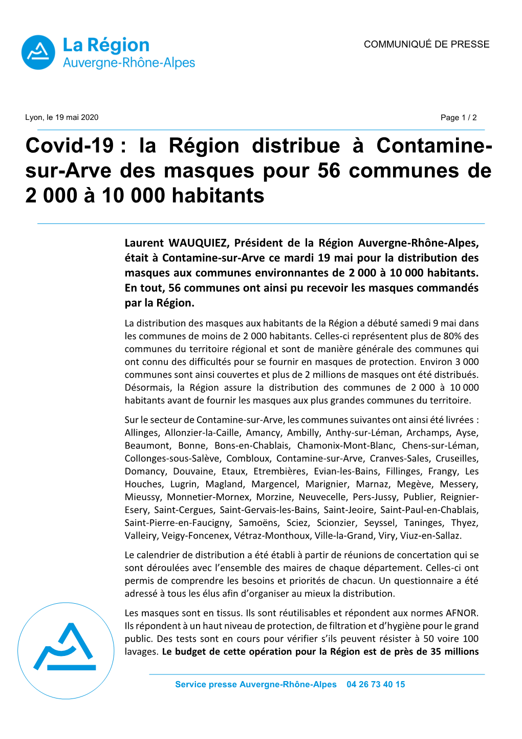 Covid-19 : La Région Distribue À Contamine- Sur-Arve Des Masques Pour 56 Communes De 2 000 À 10 000 Habitants