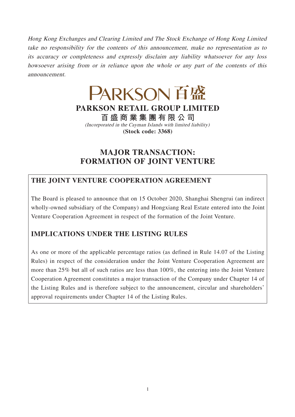 Formation of Joint Venture