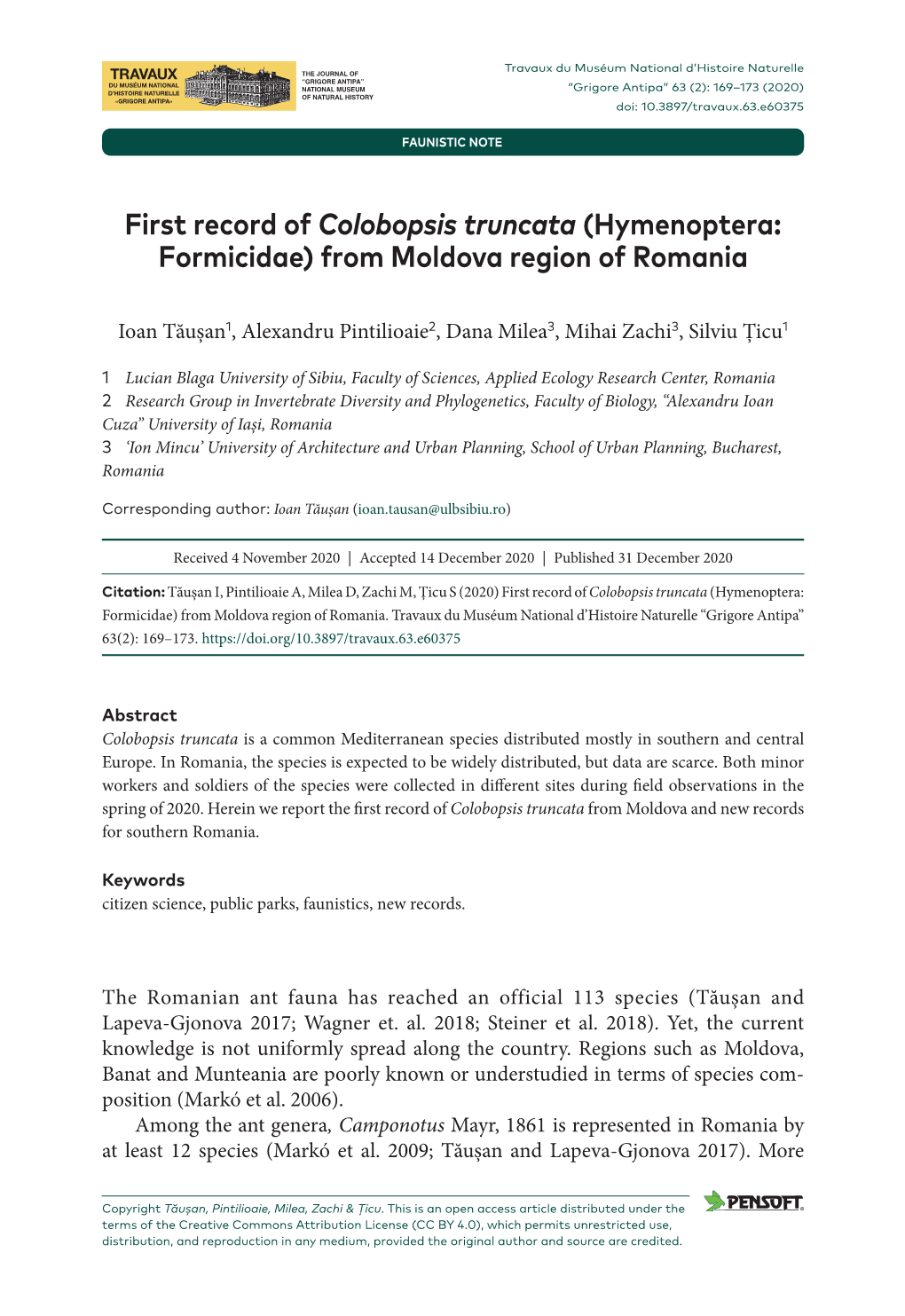 First Record of Colobopsis Truncata (Hymenoptera: Formicidae) from Moldova Region of Romania