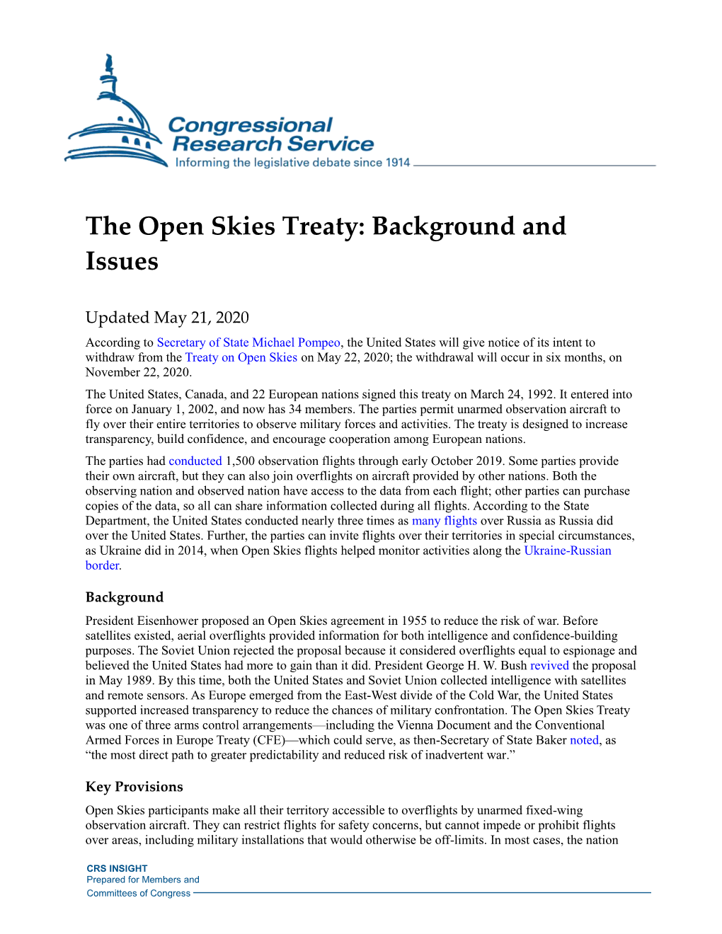 The Open Skies Treaty: Background and Issues