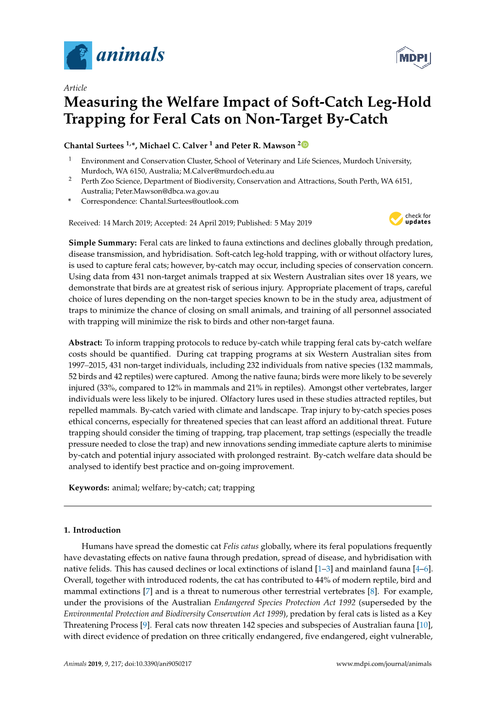 Measuring the Welfare Impact of Soft-Catch Leg-Hold Trapping for Feral Cats on Non-Target By-Catch