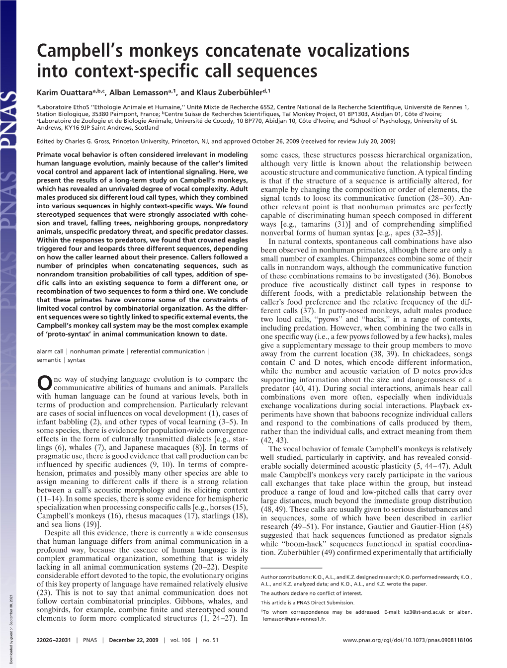 Campbell's Monkeys Concatenate Vocalizations Into Context-Specific