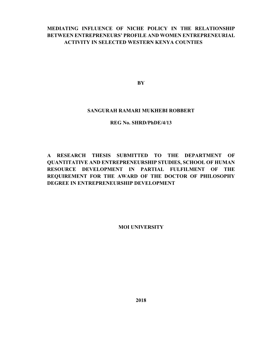 Mediating Influence of Niche Policy in the Relationship Between Entrepreneurs’ Profile and Women Entrepreneurial Activity in Selected Western Kenya Counties