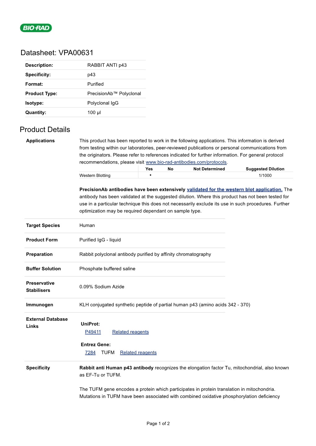 Datasheet: VPA00631 Product Details