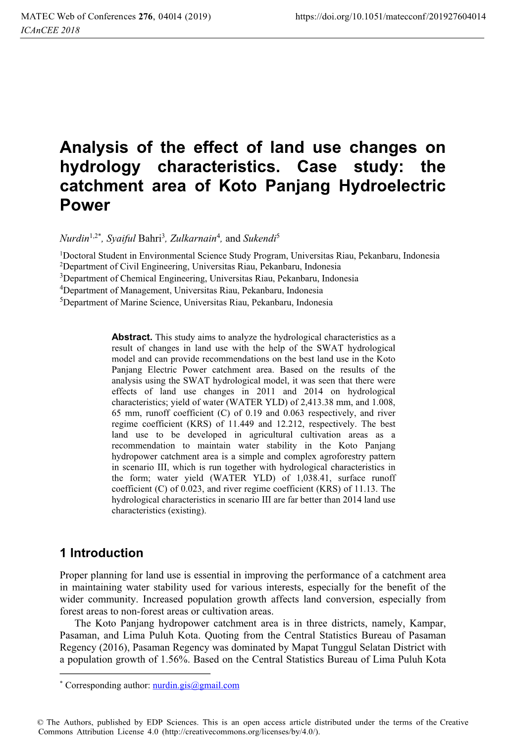 The Catchment Area of Koto Panjang Hydroelectric Power