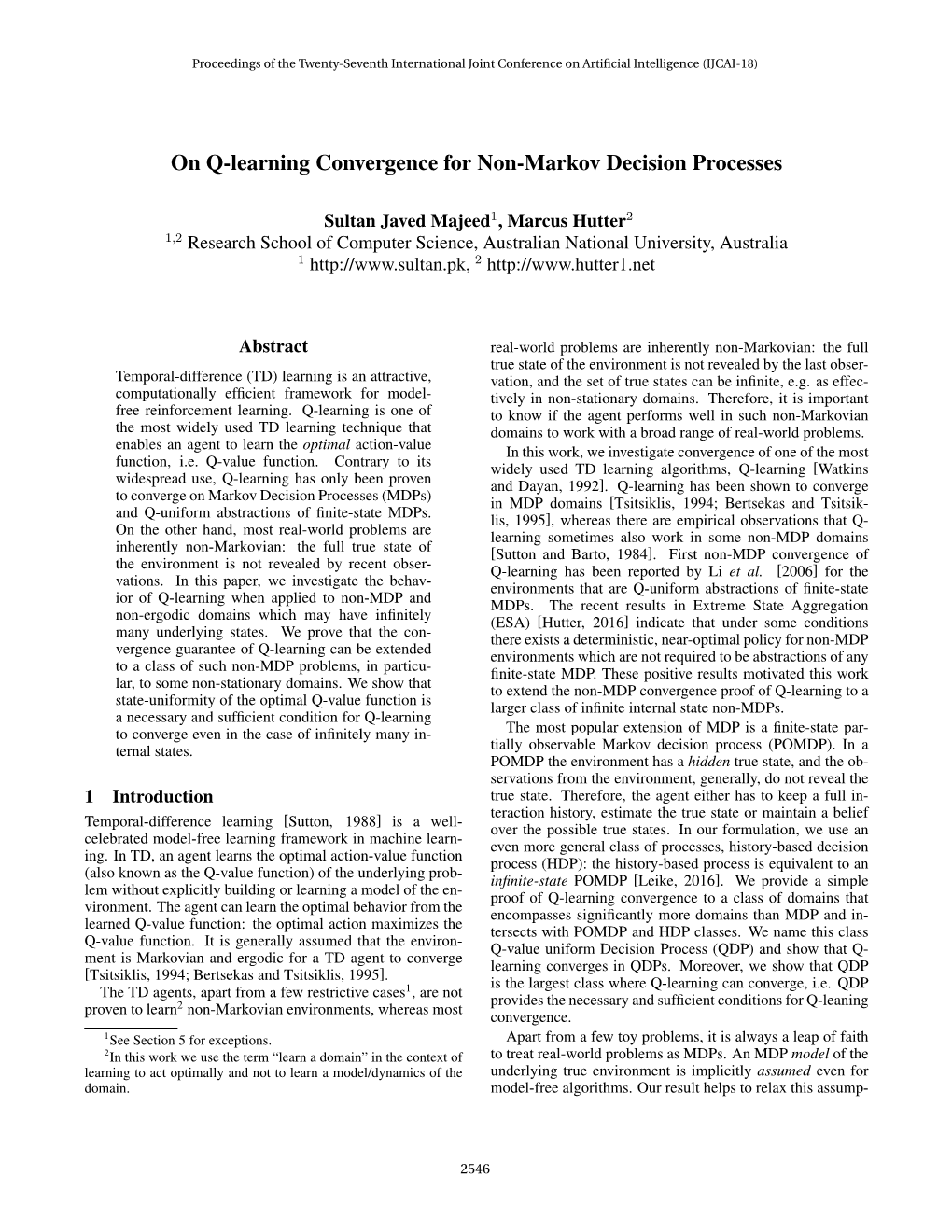 On Q-Learning Convergence for Non-Markov Decision Processes