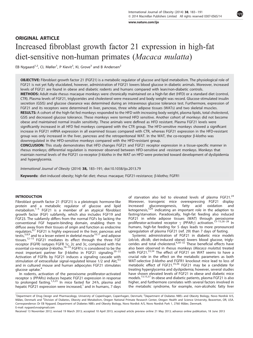 Increased Fibroblast Growth Factor 21 Expression in High-Fat Diet