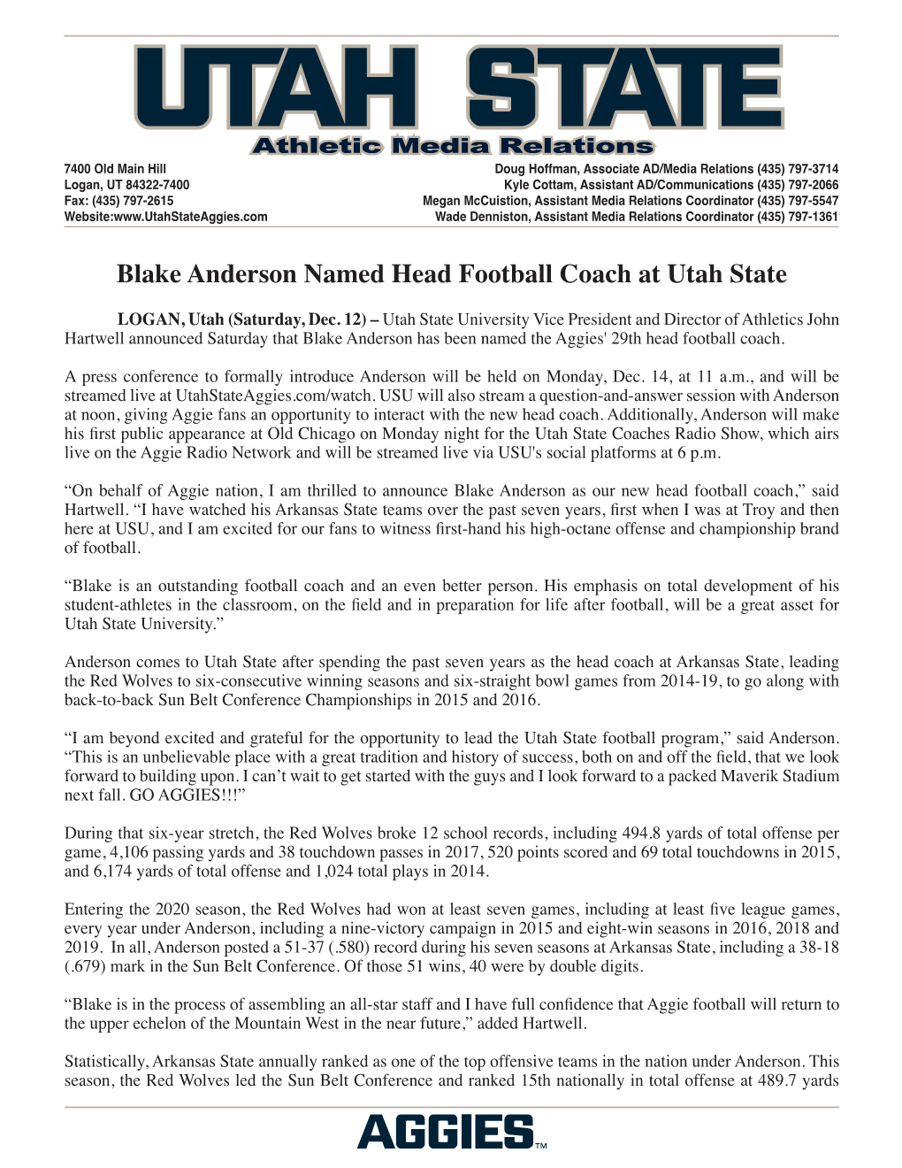 Blake Anderson Named Head Football Coach at Utah State