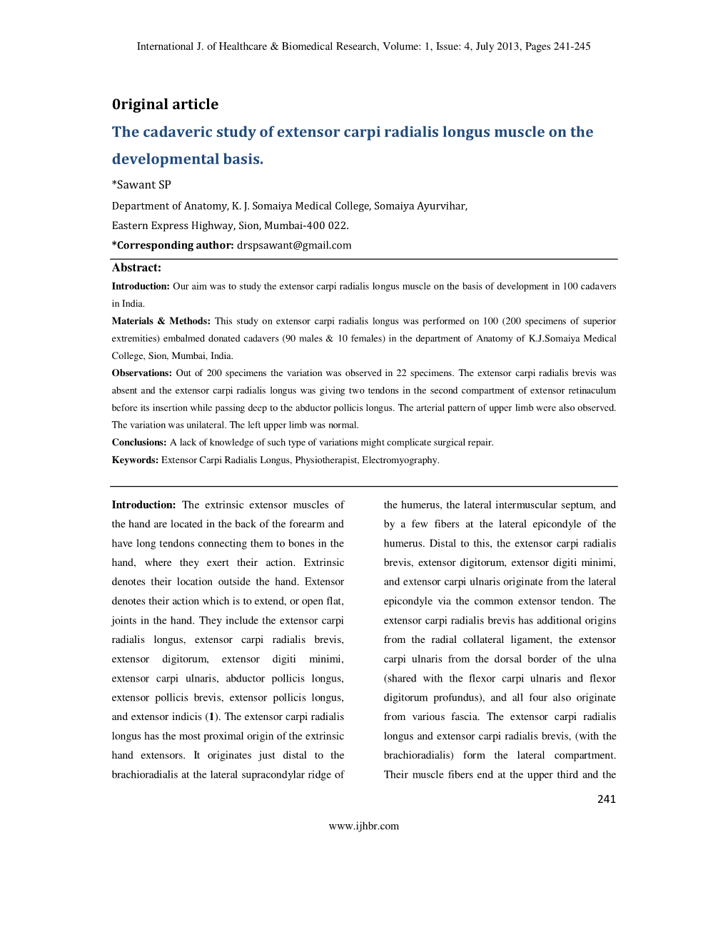 0Riginal Article the Cadaveric Study of Extensor Carpi Radialis Longus Muscle on the Developmental Basis
