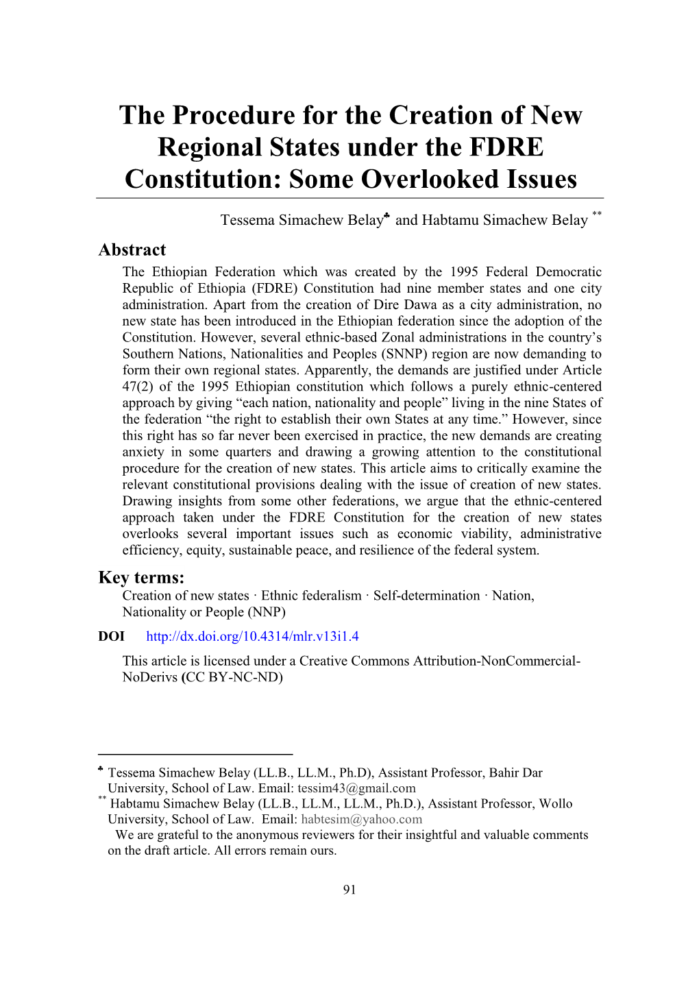 The Procedure for the Creation of New Regional States Under the FDRE Constitution: Some Overlooked Issues