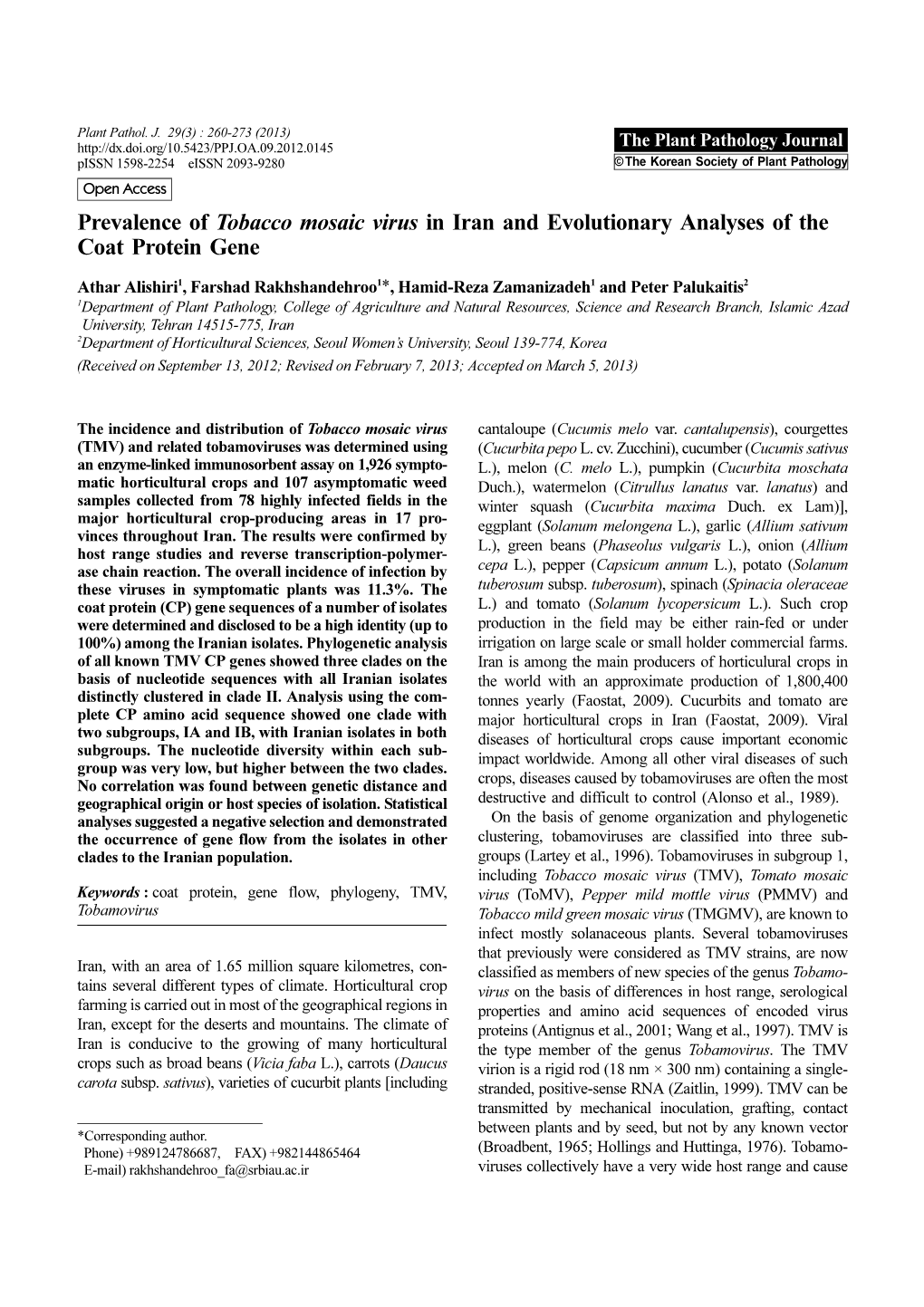 Prevalence of Tobacco Mosaic Virus in Iran and Evolutionary Analyses of the Coat Protein Gene