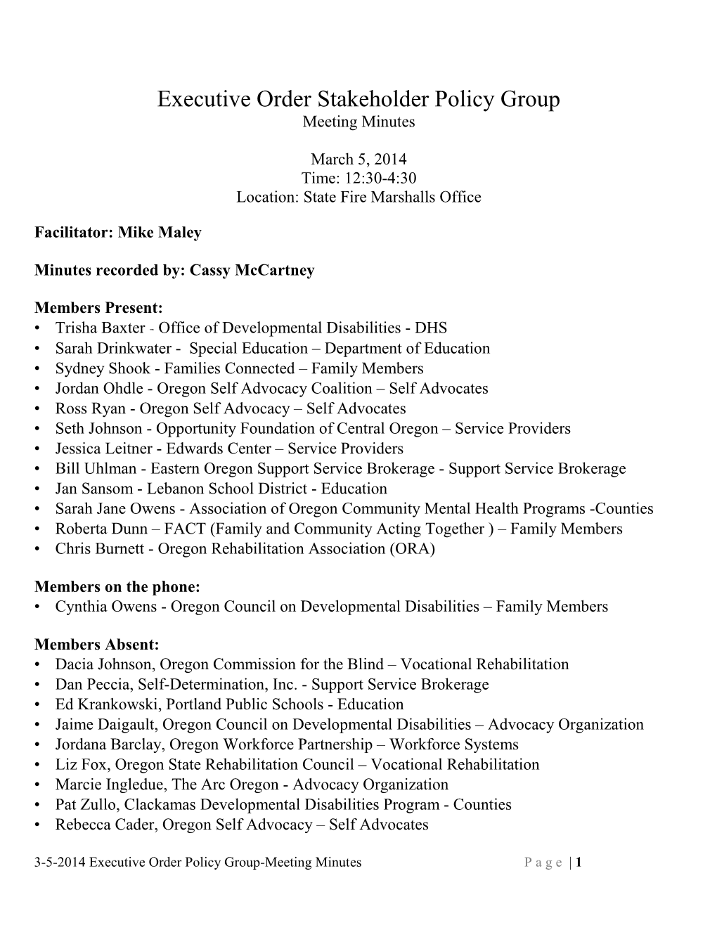 Meeting Minutes 3-5-2014 EO Policy Group