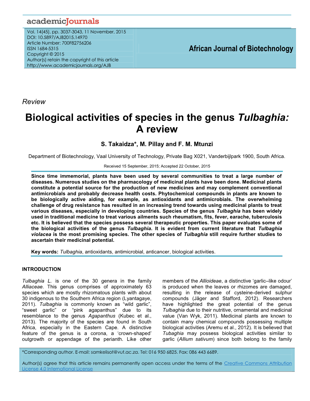 Biological Activities of Species in the Genus Tulbaghia: a Review