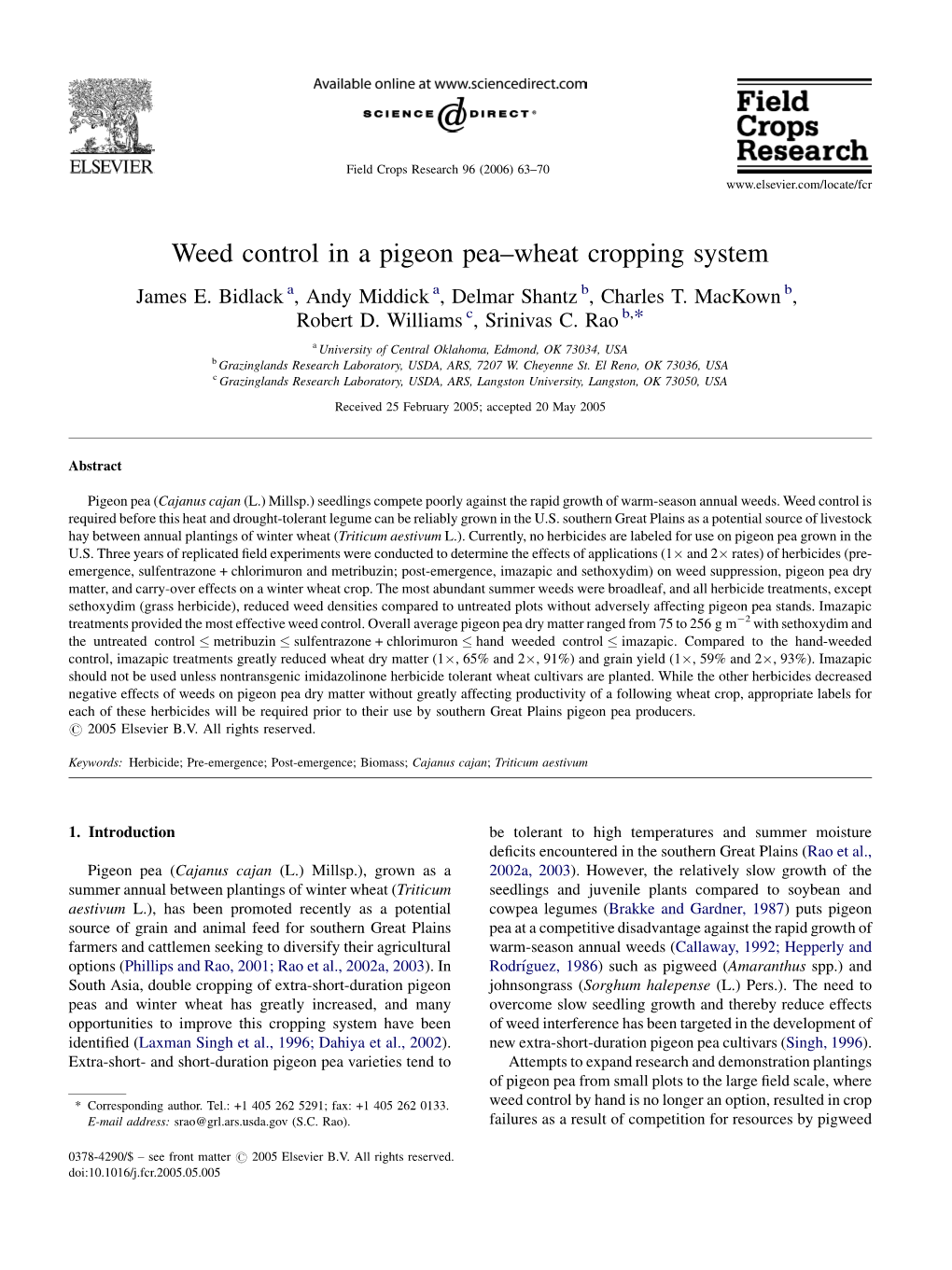 Weed Control in a Pigeon Pea–Wheat Cropping System James E