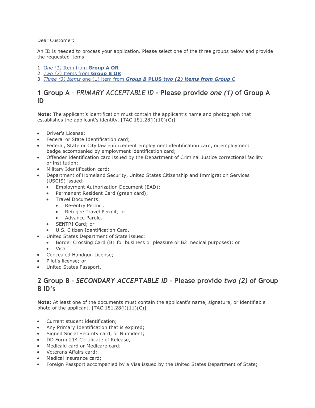 1 Group a – PRIMARY ACCEPTABLE ID - Please Provide One (1) of Group a ID