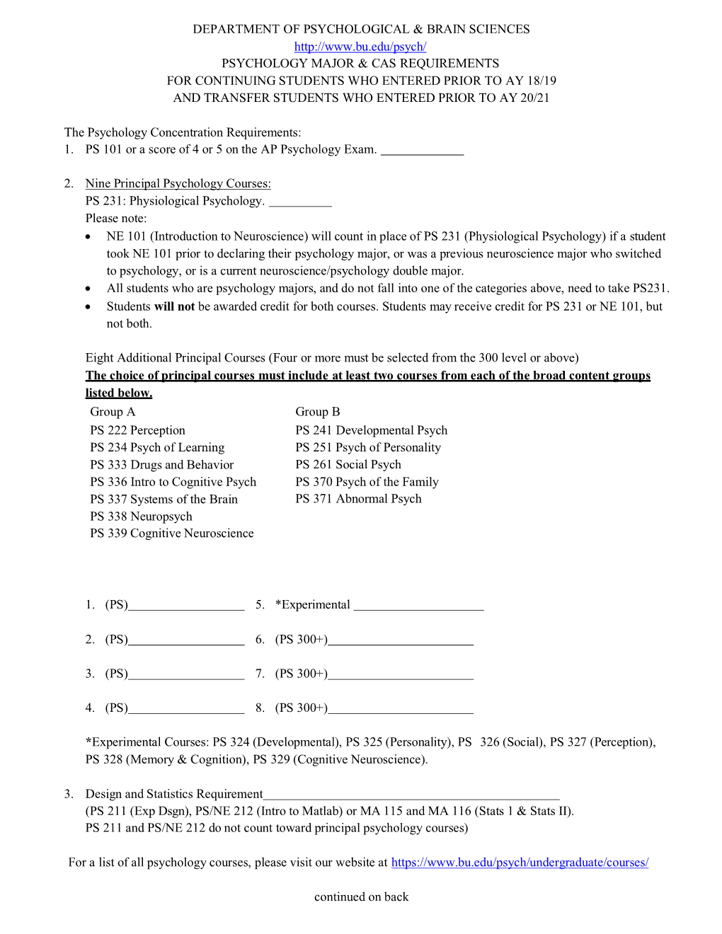 Psychology Major & Cas Requirements