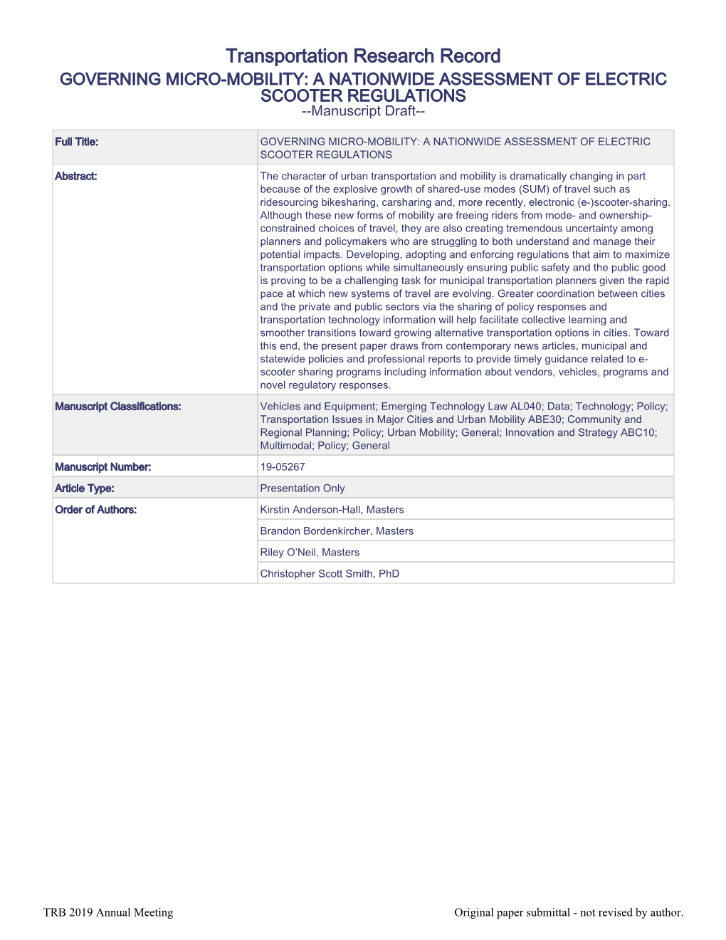 GOVERNING MICRO-MOBILITY: a NATIONWIDE ASSESSMENT of ELECTRIC SCOOTER REGULATIONS --Manuscript Draft