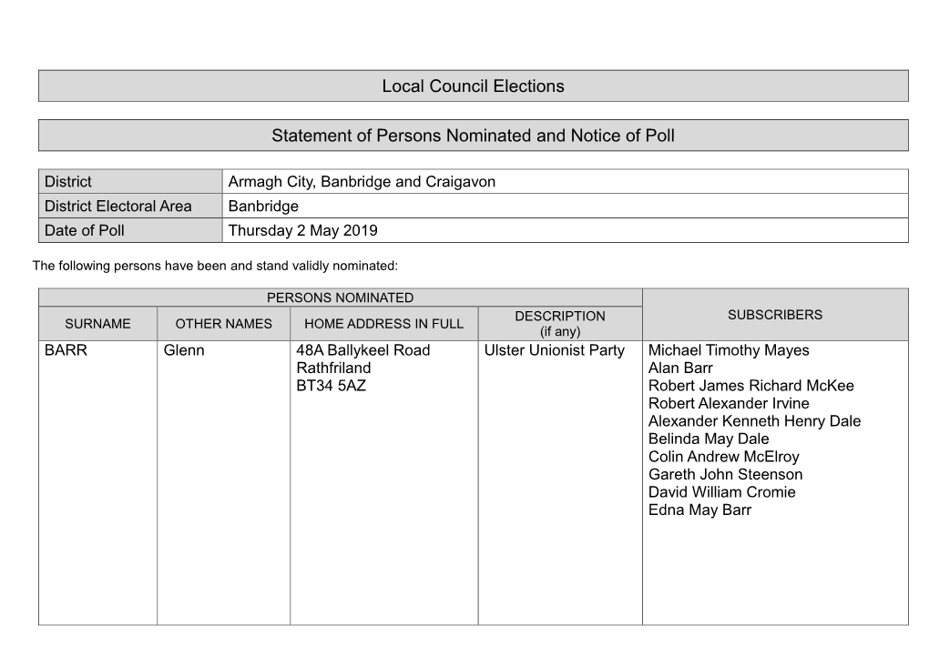 Banbridge and Craigavon District Electoral Area Banbridge Date of Poll Thursday 2 May 2019