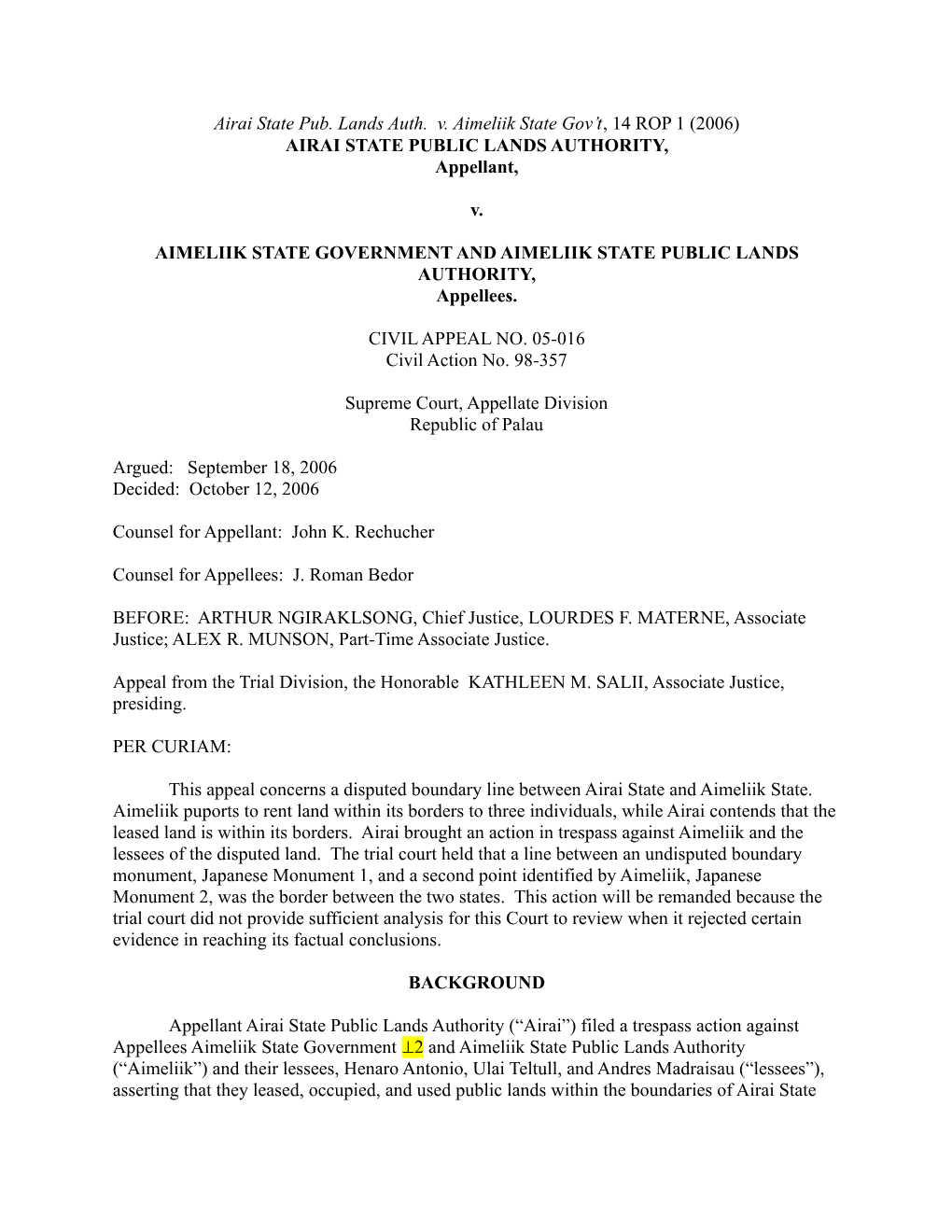 Airai State Pub. Lands Auth. V. Aimeliik State Gov’T, 14 ROP 1 (2006) AIRAI STATE PUBLIC LANDS AUTHORITY, Appellant