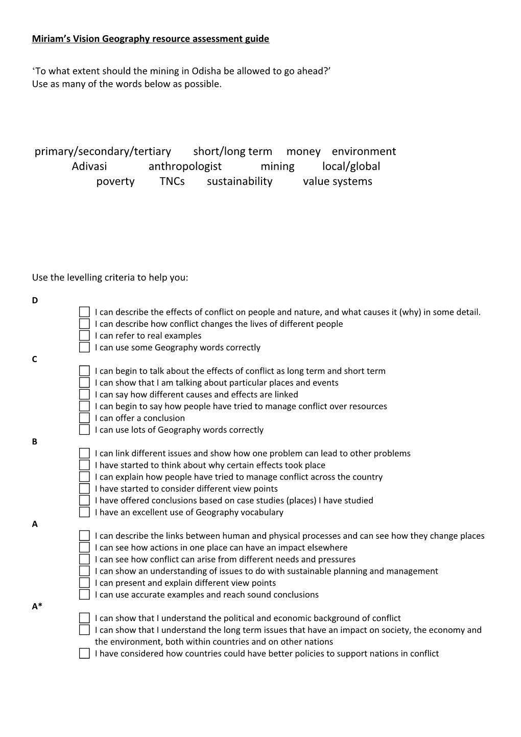 Miriam S Vision Geography Resource Assessment Guide