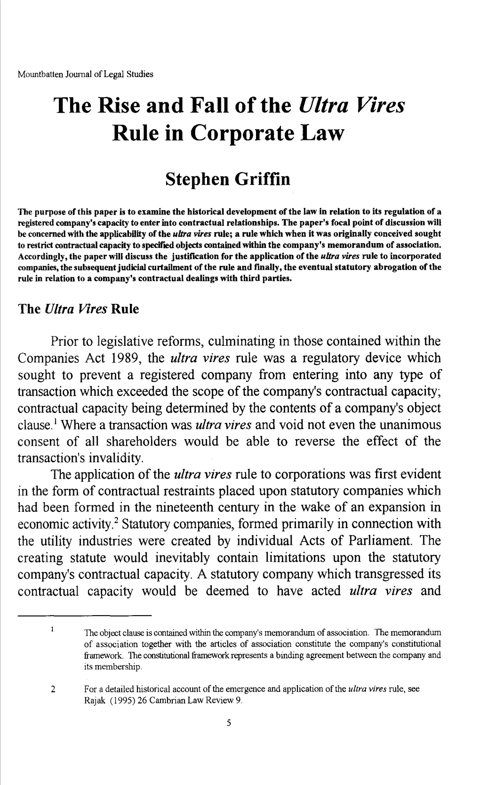 The Rise and Fall Ofthe Ultra Vires Rule in Corporate Law