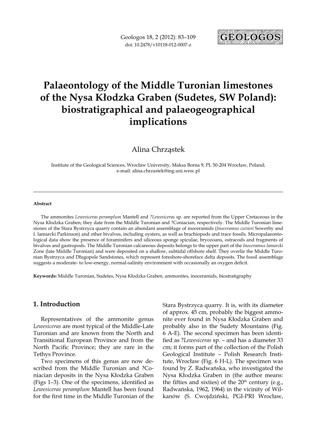 Palaeontology of the Middle Turonian Limestones of the Nysa Kłodzka Graben