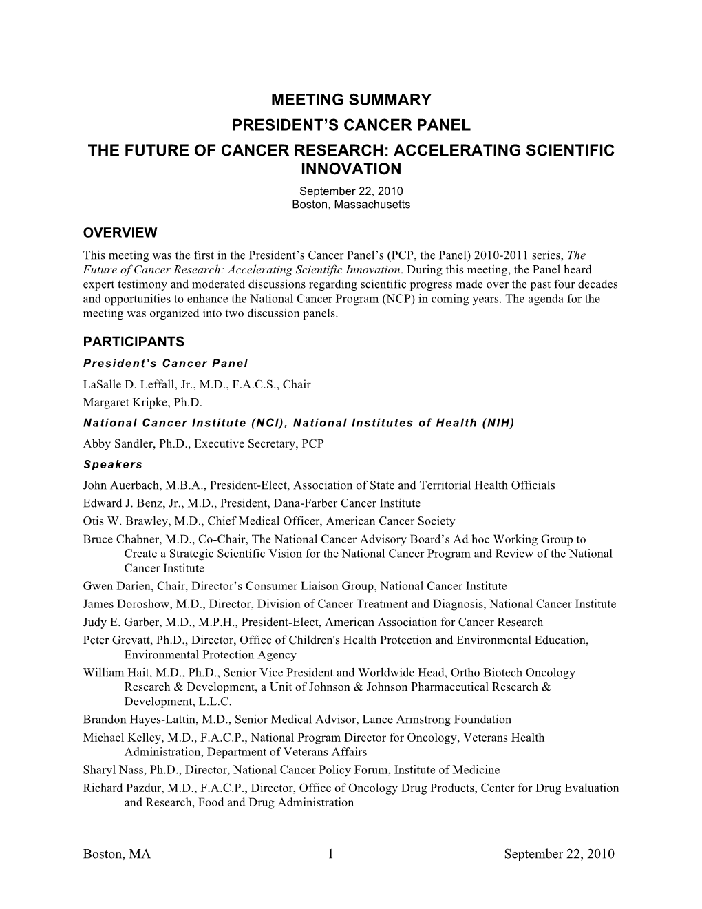 Meeting Summary President's Cancer Panel The