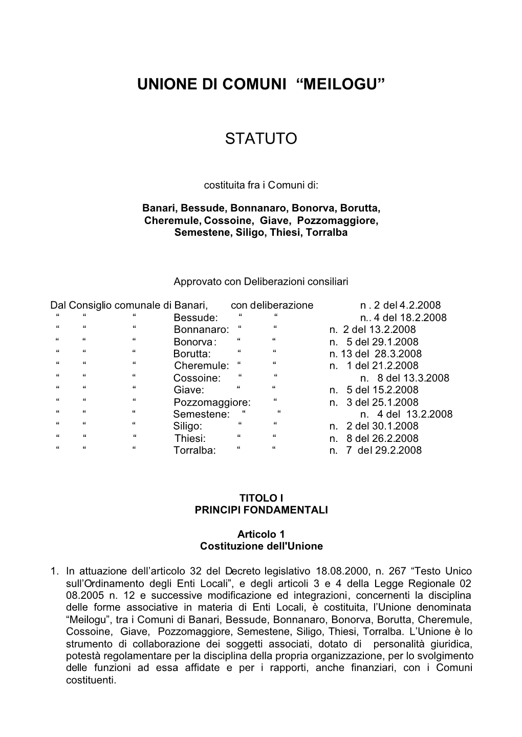 Unione Di Comuni “Meilogu” Statuto