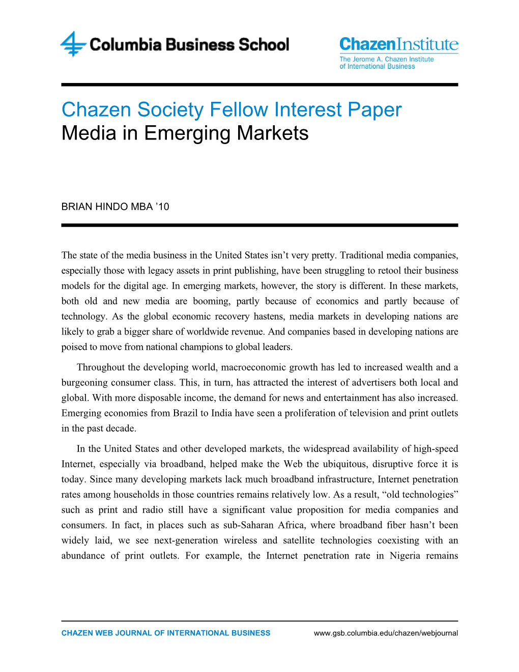 Chazen Society Fellow Interest Paper Media in Emerging Markets